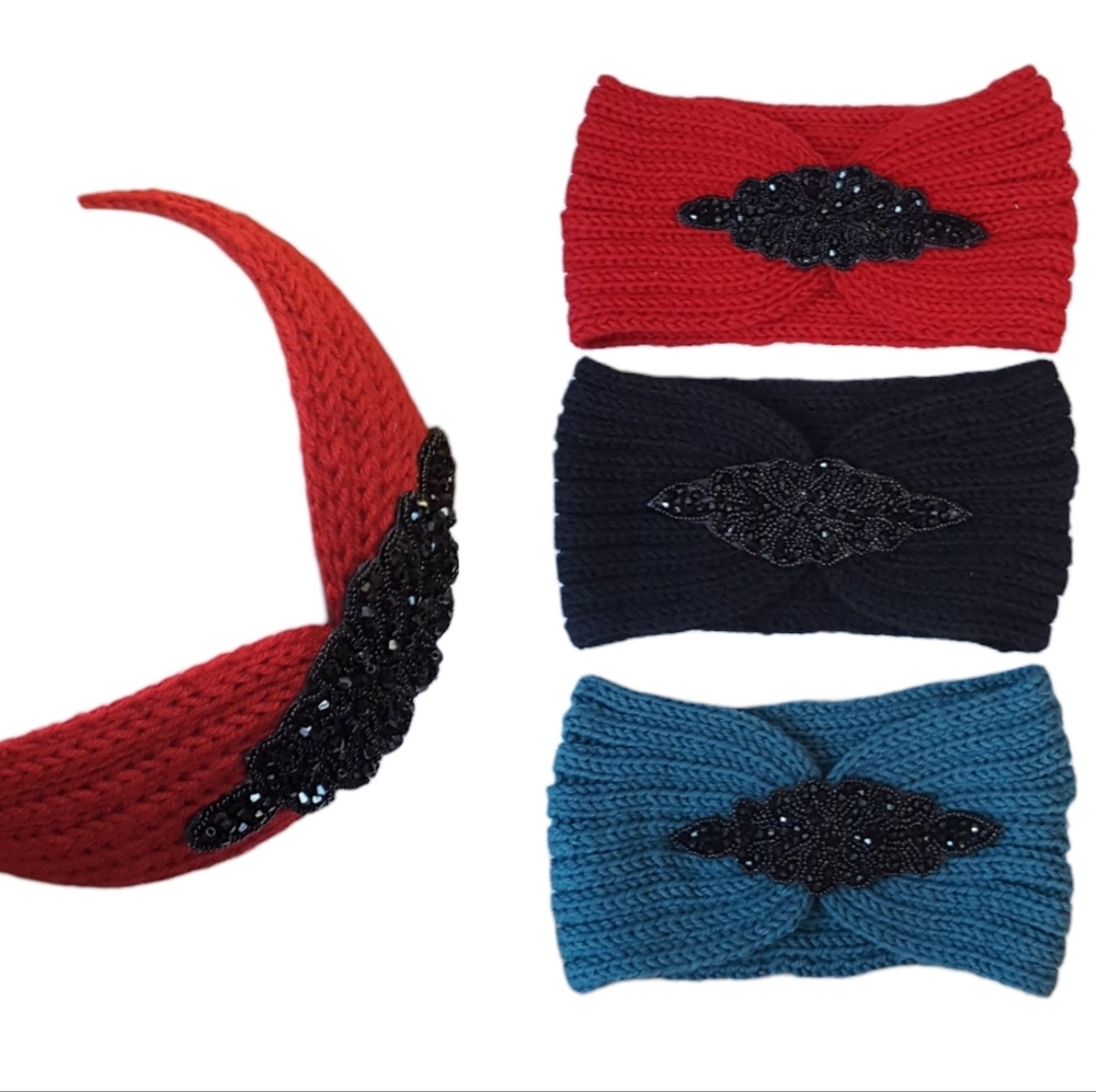 3 Pieces Set Headband Womens Winter Ear Warm Crystal Beads Turban Headwrap New